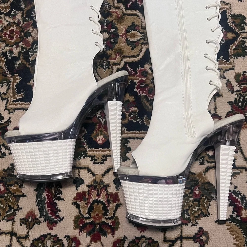 Pleaser White Lace-Up Thigh-High Platform Boots